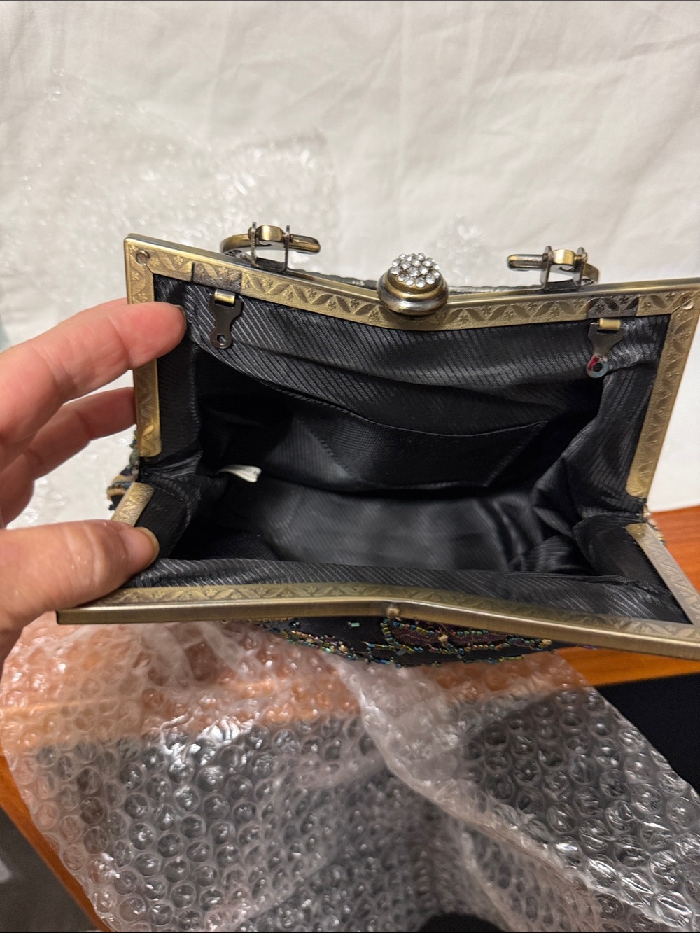 Embroidered Floral Evening Clutch with Decorative Handle - Black - Picture 5 of 5